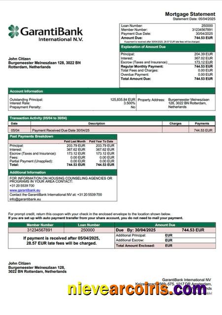 Netherlands GarantiBank International NV mortgage statement Word and PDF template